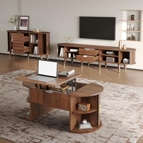 KOMHTOM Ensemble Meuble TV Buffet Table Basse Relevable 3 Pièces Rainures Verticales Noyer Pieds Bois Massif Mid-Century(Noyer Profond - Rainures Verticales...