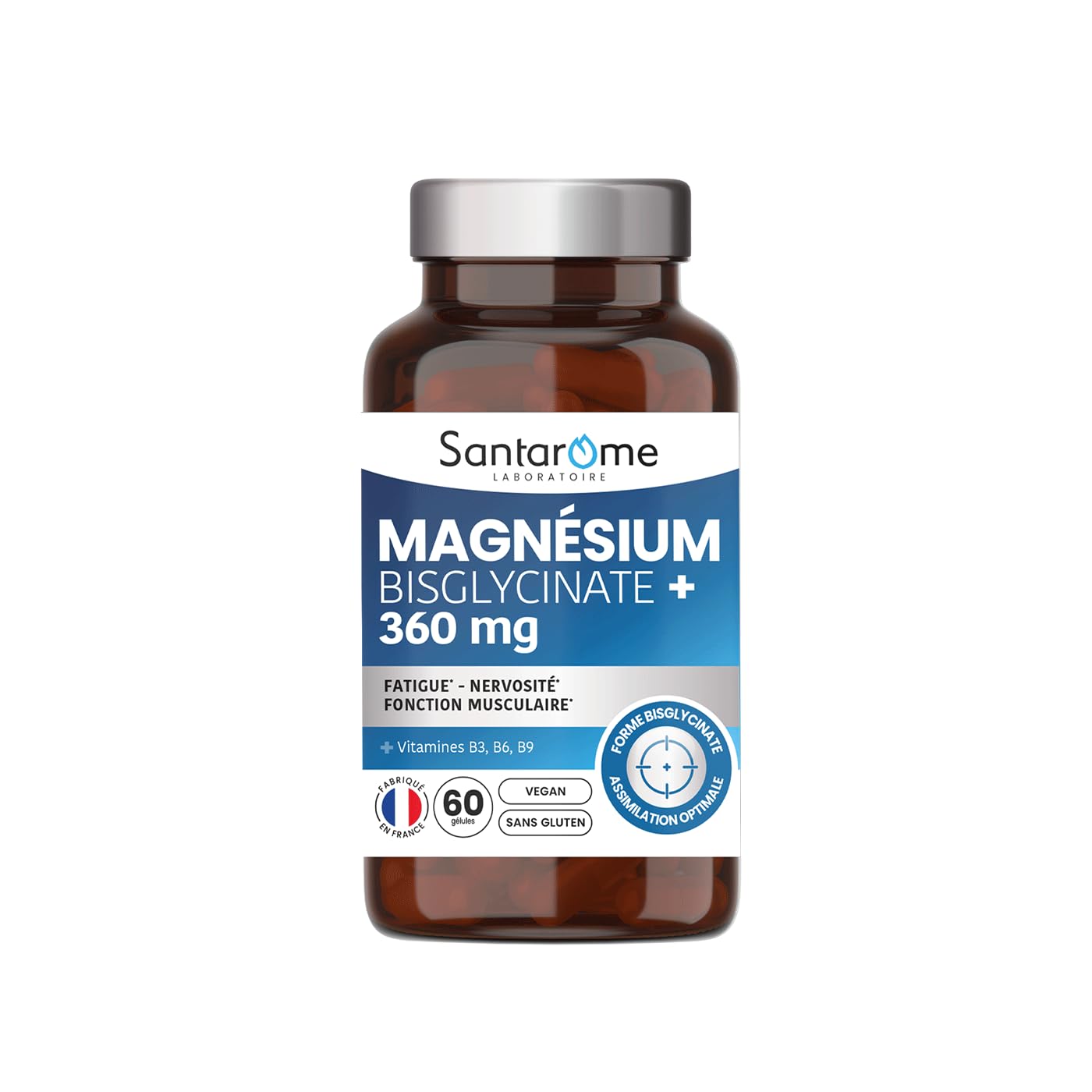 SANTAROME - Magnésium Bisglycinate 360 mg - Complément Alimentaire Fatigue & Stress - Haute Assimilation - Magnésium + Vitamines B3 B6 B9 - Vegan Sans Gluten - Fabriqué en France - 60 Gélules