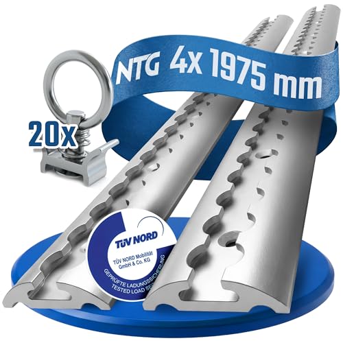 Image of NTG 4 x 2 m Aluminium Airline Rail, Lashing Rail, Round Semi-Circular Shape, with Holes 2 m 1975 mm, Economy Set with 20x Aluminium Fitting