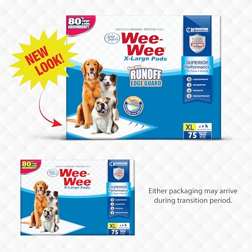 Four Paws Wee-Wee Superior Performance Pee Pads for Dogs with Runoff Barrier Edge Guard Protection, Puppy & Dog Potty Training Pads, Housebreaking Supplies, 28" x 34" (75 Count)