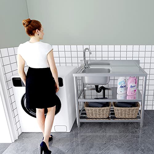 Free Standing Stainless-Steel Single Bowl Commercial Restaurant Kitchen Sink Set W/Faucet & Drainboard, Prep & Utility Washing Hand Basin W/Workbench & Double Storage Shelves Indoor Outdoor (39.5In) #TOP6