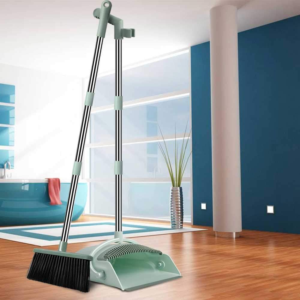 Chouqing Dust Pan and Broom, Self-Cleaning with Dustpan Teeth, Ideal for Dog Cat Pets Home Use, Super Long Handle Upright Stand Up Broom and Dustpan Set (Jade Green) : Health & Household