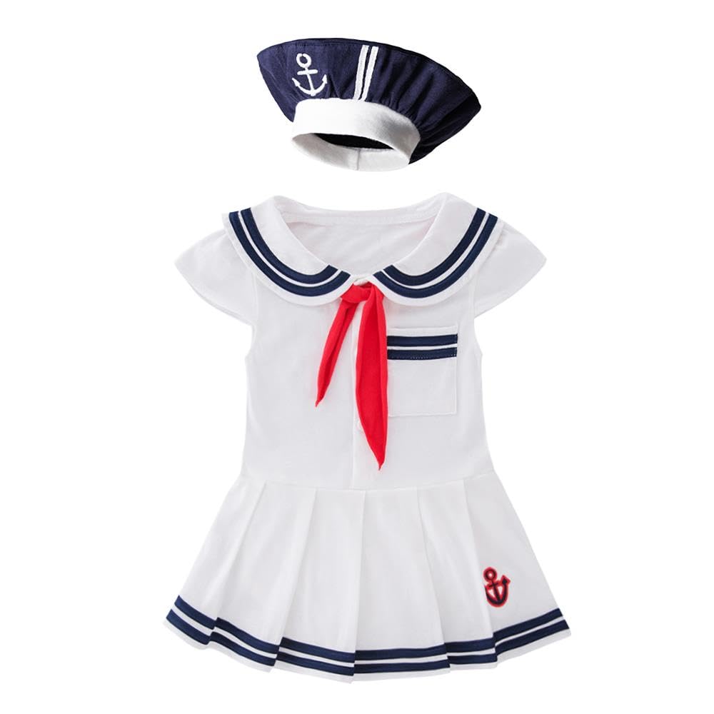 Lito Angels Sailor Costume for Girls Nautical Navy Outfit with Hat Cute Marine Onesie Dress Kids Fancy Dress for Halloween World Book Day School Party Age 6-9 Months, White