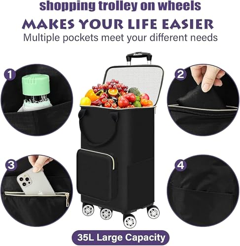 SXRLOZ Einkaufstrolley mit Rädern - Faltbar - Leichter tragbarer Metallwagen 35L, integrierte abnehmbare wasserdichte Tasche für Einkauf, Camping, Reisen(Blue) – Bild 4