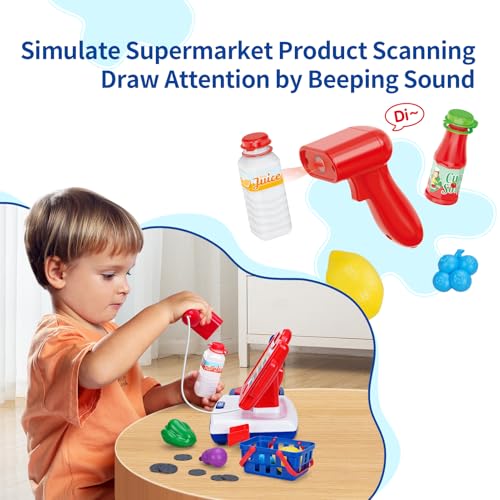 Image of FS Toy Cash Register for Kids with Scanner, Shopping Basket, Pretend Play Toys for Toddler 3-5-7 Years Old Boys and Girls Preschool Learning Activities, 57 Pieces Play Set