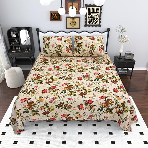 Image of Mafatlal Saanjh 144 TC King Size Cotton Bed Sheet 108x108 Inch | Summer Cooling Bedding | Floral Pattern Design | Hand Crafted |Soft Airflow Weave | Premium Home Linen Set | Pillow Cover | Dark Beige