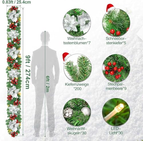 FGHB Weihnachtsgirlande, 2.7M / 9FT mit Beleuchtung, batteriebetrieben mit 30 LED, für Haus, Treppe, Kamin, Haustür, Terrasse und Garten, Weihnachtsdeko Girlande