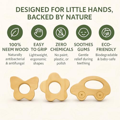 Image of Shark Doo Doo Neem Wood Baby Teether Combo (Car, Butterfly & Flower) | Organic & Handcrafted | Paint-Free, Antibacterial Teething Toy for Babies