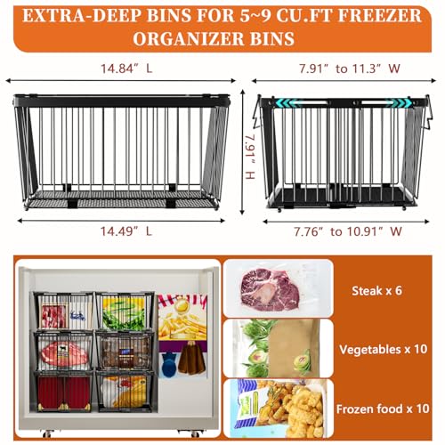 Image of Large Freezer Organizer Bins,Upgraded Bottom Leak-Proof net,Fit 5 to 9 Cu Ft Chest Freezer,3 Pack, Expandable Stackable Chest Freezer Containers with Handle (Black-3Pack)