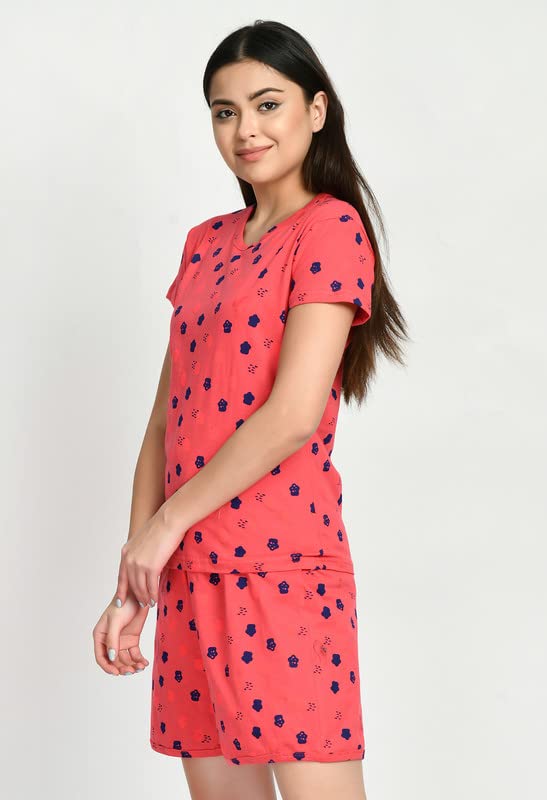 Image of IndiWeaves Cotton Printed Tops and Shorts Set Night Suit for Women (Pack of 3) Pink::Green::Caret