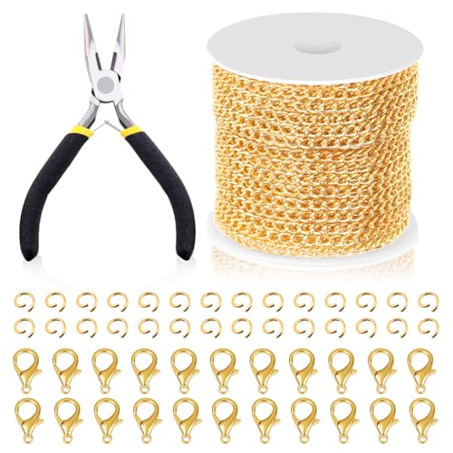 Swpeet 102Pcs Gold 3mm by 10 Yard Length Jewelry Making Chains Kit with Jump Rings, Lobster Clasps and Jewelry Plier, Necklace Chains Flat Cable Link Chain Bulk Ideal for DIY Craft Jewel Making