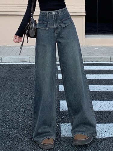 Image of Aahwan Women's Flared Fit High Rise Solid Wide-Leg with Flap Detailing Korean Jeans