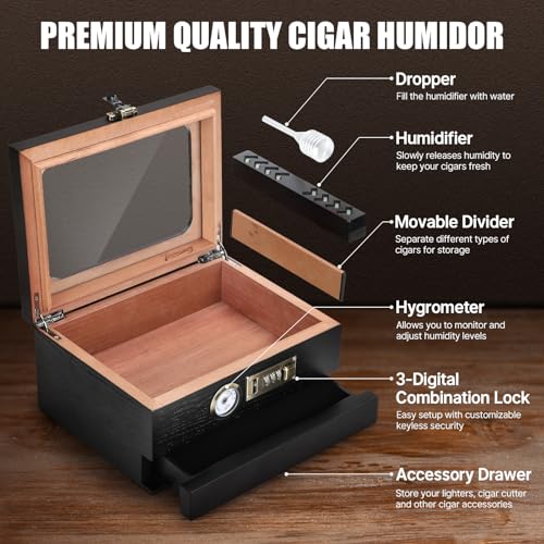 Cigar Humidor, Cedar Wood Humidor Cigar Box, Glass Top Desktop Humidor with Front Hygrometer, Humidifier, Divider, Accessories Drawer and Combination Lock, Cigar Gifts for Men (Black) - Image 3