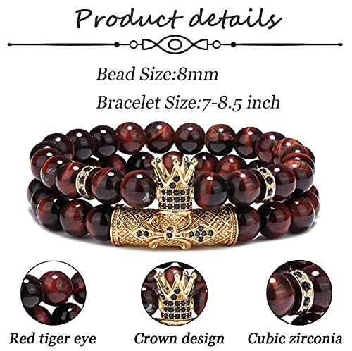SAMOCO 4 Pcs 8mm Crown King Bracelets for Men Women Tiger Eye Black Matte Onyx Cool Natural Stone Beads Bracelets Set3