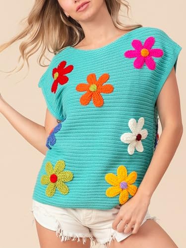 Image of Joiemont Womens Crochet Flower Embroidery Knit Top Sleeveless Round Neck Knit Sweater