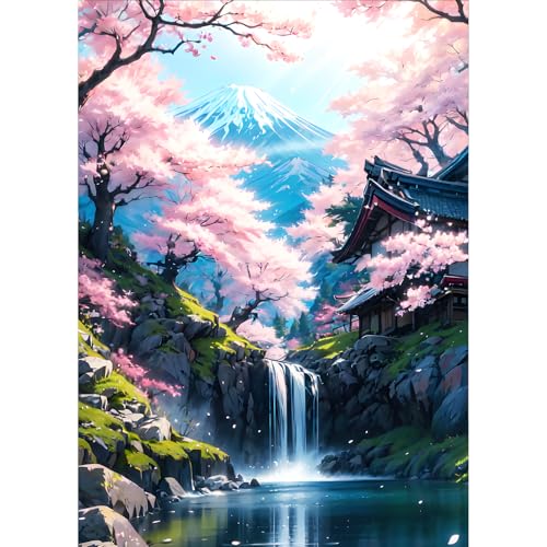 QQYRHN Cherry Blossom Diamond Painting Kits for Adults Beginners, 5D Mount Fuji Diamond Art Kits, DIY Round Full Drill Lake Gem Art with Painting Kits Relaxing Craft for Home Wall Decor 12x16 Inch