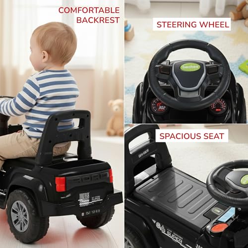 Image of Baybee Rover Baby Ride on Car for Kids | Portable Rideons Jeep with LED Lights & Music | Push Ride on Toys Car with Backrest & Toy Storage Basket | Kids Car to Drive 1-3 Years (Black)