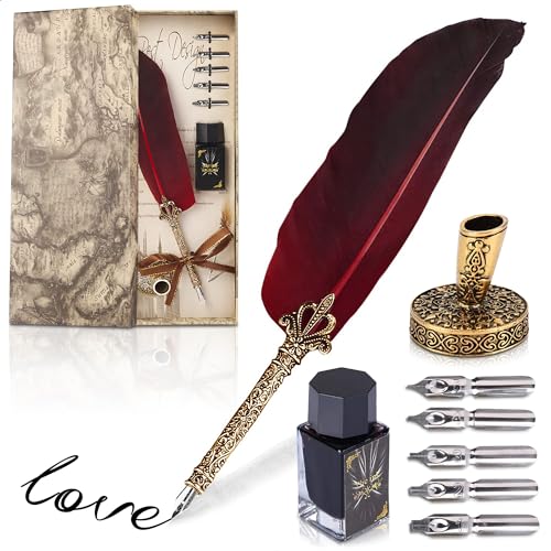 Red Feather Quill Pen and Ink Set - 11.4' Antique Feather Pen and Ink Set with Stainless Steel Nib...