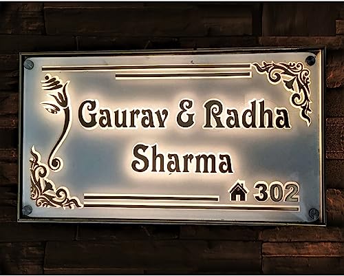 Aarushi Creations Acrylic Personalized Home Door Name Plate with Light – 3 Year Warranty – (Size 16×8 In White) 0538BB (12×8 Inch)