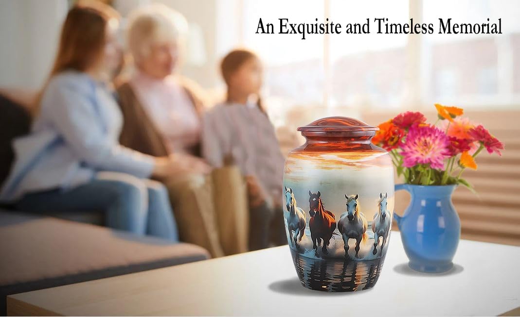 Running Horses Urn- Full Size Cremation for Man and Women Seven Horses Funeral and Memorial Urn for Human Ashes Upto 210 Lbs with Velvet Bag