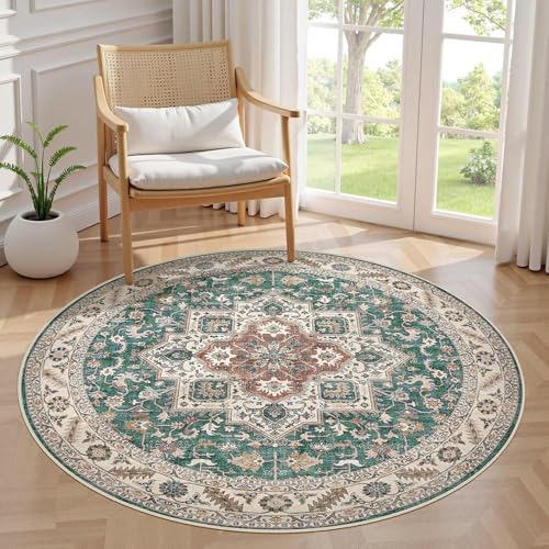 Generisch Teppich Runder,Vintage Orientalische Traditionelle Hausdekoration, Grün, ø 120 cm, klein Teppiche für Sessel Wohnzimmer, Schlafzimmer, Esszimmer Schreibtisch,