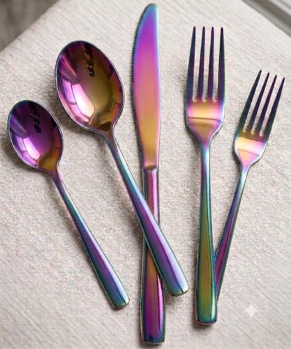 Image of 10 Pcs Rainbow Cutlery Set for Dining Table the Perfect Mirror Polish Hevy Duty Tableware Including Dinner Spoon, Dinner Fork, Dinner Knife, Dessert Spoon & Dessert Fork