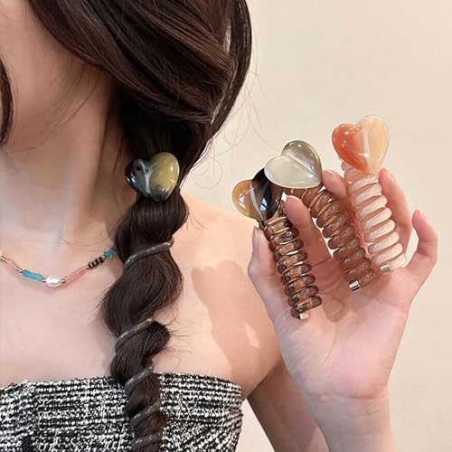 4 Piece Spiral Phone Cable Headbands, Heart Decor Phone Wire Hair Gums for Thick Hair, No Damage Coil Cable Gum, Accessories for women