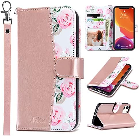 ULAK Compatible with iPhone 12 Wallet Case for Women, Premium PU Leather iPhone 12 Pro Flip Cover with Card Holder, Wrist Strap, Kickstand Shockproof Phone Case for iPhone 12/12 Pro 6.1, Rose Flower