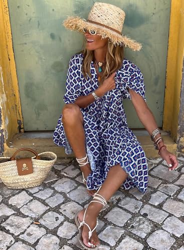 Image of miduo Womens Loose Fit Casual Summer V Neck Half Sleeve Bohemian Geometric Pattern Maxi Long Dresses