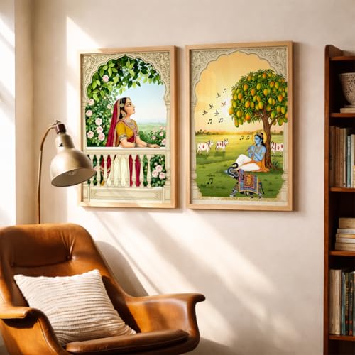 Image of TheMakerly Traditional Indian Wall Painting Set of 2 | Radha Krishna Wall Art Frames | Vintage Religious Wall Decor for Living Room Bedroom Home Temple (KR02, 13x19 inches)