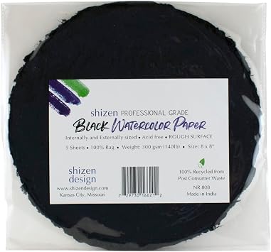 Shizen Design, Watercolor Paper, Black, Cold Press, 8 Inch Circle, Pack of 5 Sheets, NR 808