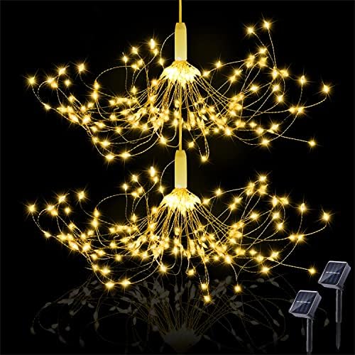 crayfomo 200 LED Solar Starburst Light, Outdoor Chandelier Lights, 2 Pack Garden String Lights, 8 Modes Hanging Decorative Christmas Lights for Garden Patio Yard Path