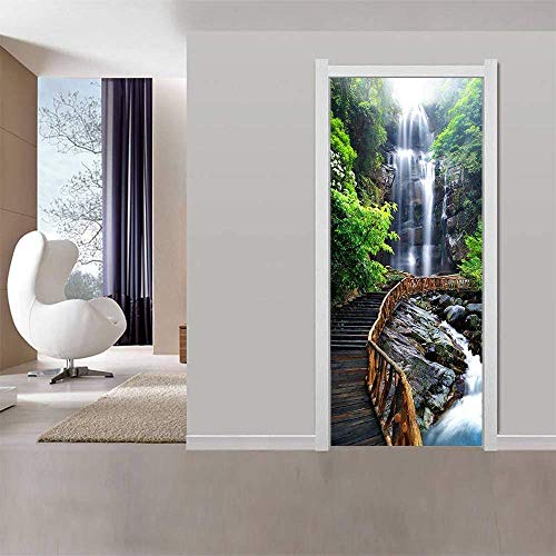 3D Door Stickers Mural, Waterfall Scenery Diy Vinyl Self-Adhesive Door Wall Murals Wallpaper Waterproof Removable Door Wall Stickers For Interior Doors Home Office Decoration, 77X200Cm/30.3X78.7In #TOP6