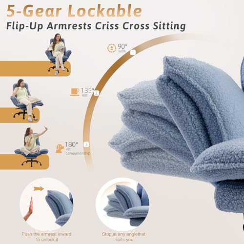 Image of Wider Seat Office Chair with Flip Armrests for Criss Cross Legged&Cats, Big and Tall Executive Ergonomic Reclining Chair with Footrest&Lumbar Pillow, Teddy Fleece Desk Chair, Blue Vanity Chair