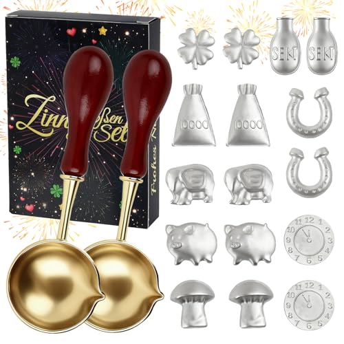 Wukong Zinngießen Set mit 16 Zinnfiguren & 2 Rundlöffeln – Gesunde Alternative zum Bleigießen, Silvester Orakelspiel mit Anleitung & Deutungsheft für Neujahr 2026