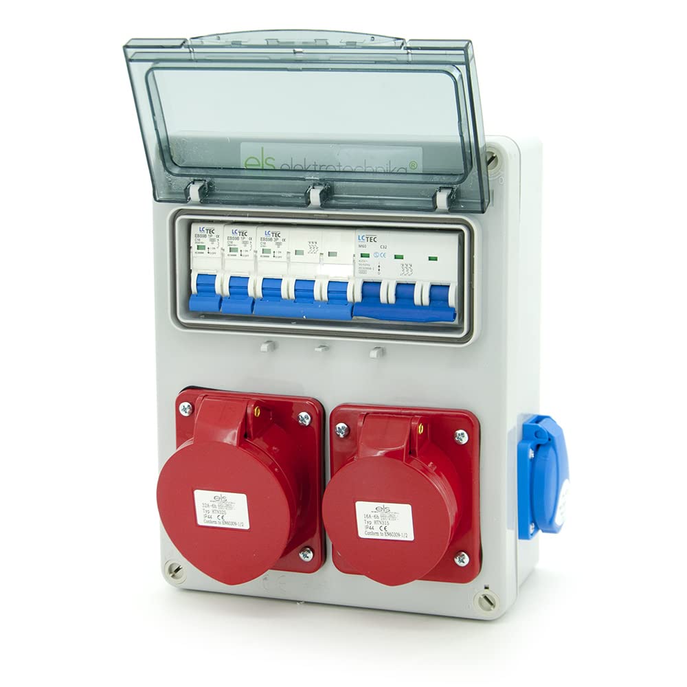 ELS Elektrotechnika Distribuidor de pared con 8 cajas de distribución con 2 enchufes Schuko de 230 V + 1 interruptor LS, 1 CEE 16 A + LS, 1 CEE 32 A + LS, cableado, listo para conectar para garaje,