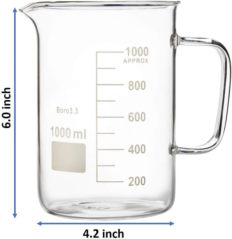 Labnique Glass Beaker with Handle, Beaker Mug with Pouring Spout, Double Graduated, 1000ml (33.8 oz / 4.2 cups)