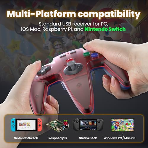 Image of 2 Pack Wireless N64 Switch Online Controller, 2.4 GHz USB Receiver, Compatible with Windows PC Laptop MacOS Raspberry Pi, Switch Online /NSO - (Rechargeable) (Built-in Rumble) Clear Red