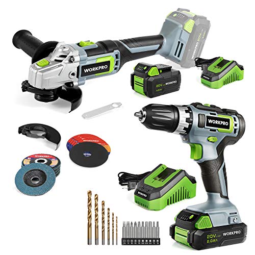 Workpro 20V Cordless Angle Grinder Kit, 4-1/2 Inch, Lightweight Angle Grinder Tool With 20V Cordless Drill/Driver Kit, 3/8”, 18+2 Torque Setting, Variable Speed #TOP16