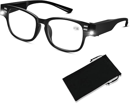 Reading Glasses with Lights & Magnification 1.5 Diopters, Black, Unisex Adult