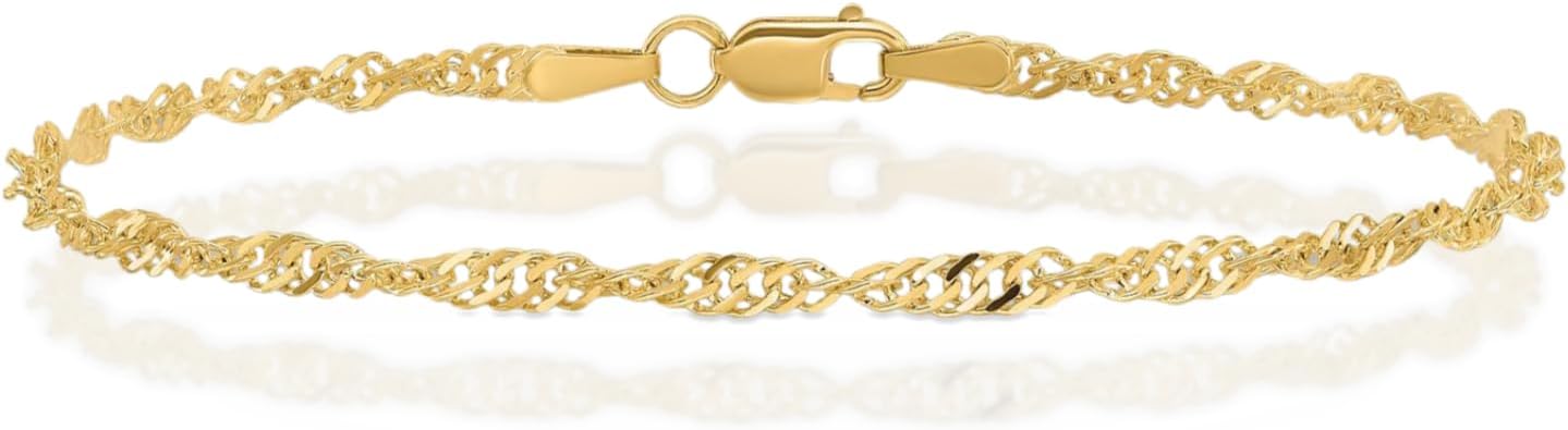 IceCarats 10K Solid Yellow Gold 2mm Thin Singapore Chain Bracelet Polished