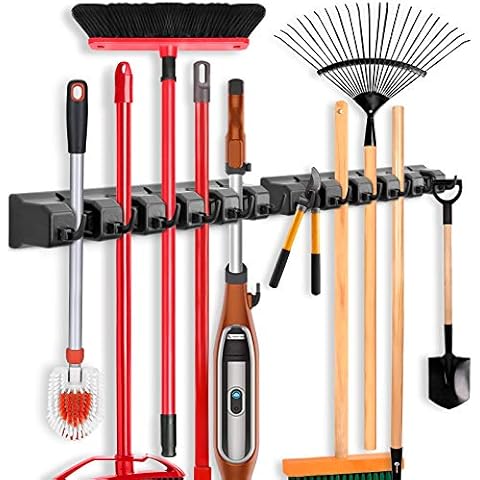 IMILLET 2 Pack Mop and Broom Holder, Wall Mounted Organizer Mop and Broom Storage Tool Rack with 5 Ball Slots and 6 Hooks (Black) Cover