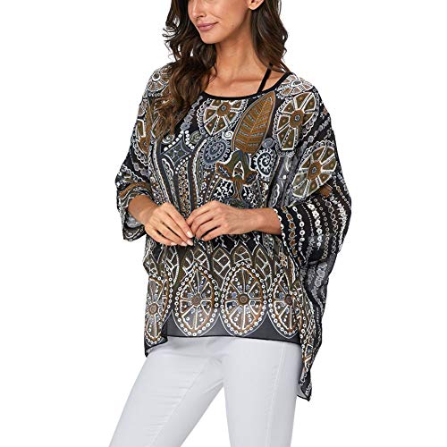 Image of Ckikiou Plus Size Batwing Flowy Semi Sheer Chiffon Blouse Tunic for Women Summer Floral Print Boho Beach Cover ups