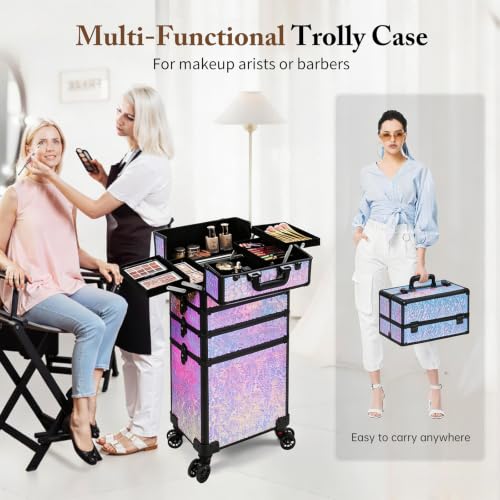Image of 5 in 1 Rolling Makeup Train Case Professional Cosmetic Trolley Large Storage Organizer on Wheels for Hairstylist Artist Nail Beauty Salon Barber Shiny Purple