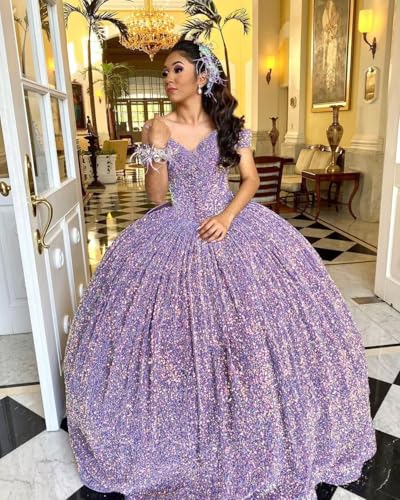 Youjiayi Sparkly Sequin Quinceanera Dresses with Train Off Shoulder Sweet 16 Dress with Bow Princess Long Ball Gown for Women4