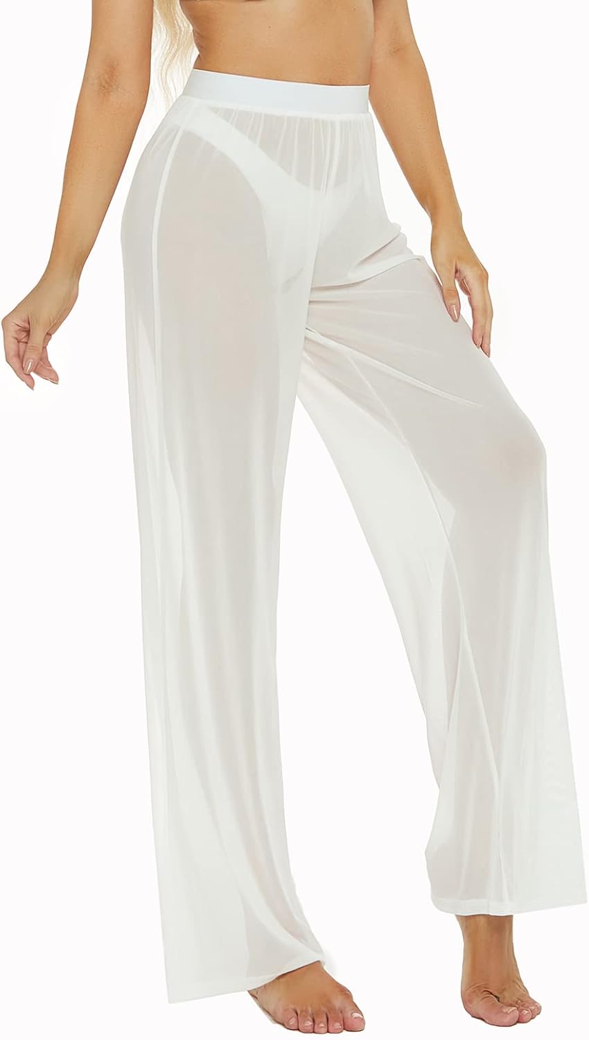 RUEWEY Women See Throug Mesh Flare Cover up Pants Swimsuit Bikini Bottom Cover up Elastic Waist Wide Leg Palazzo Trousers - Image 5