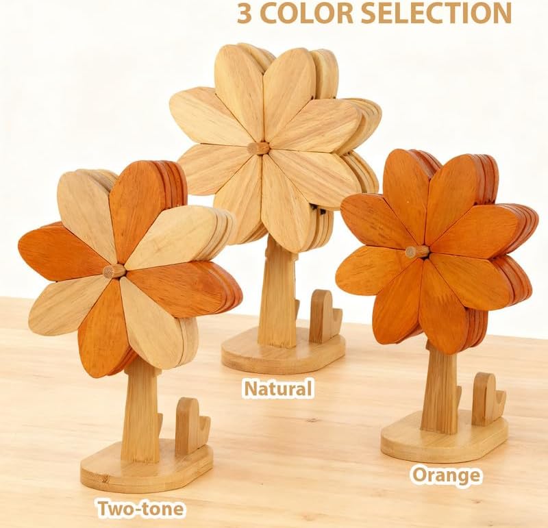 Wooden Trivets for Hot Dishes, Expandable Flower Trivet Set with Holder, Heat Resistant Collapsible Pot Holders, Kitchen Decor Gift, Two Tone