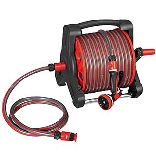 Carrello per tubo Juskys con tubo da 30 m e doccetta multifunzione - Avvolgitubo mobile con supporto da parete, ugello — Rosso Grigio