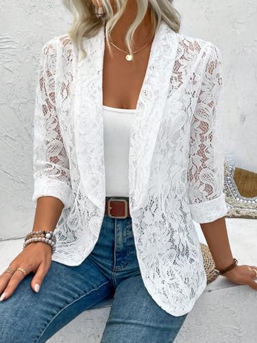 WDIRARA Women's Lace Open Front Long Sleeve Sheer Elegant Casual Blazer Jacket4
