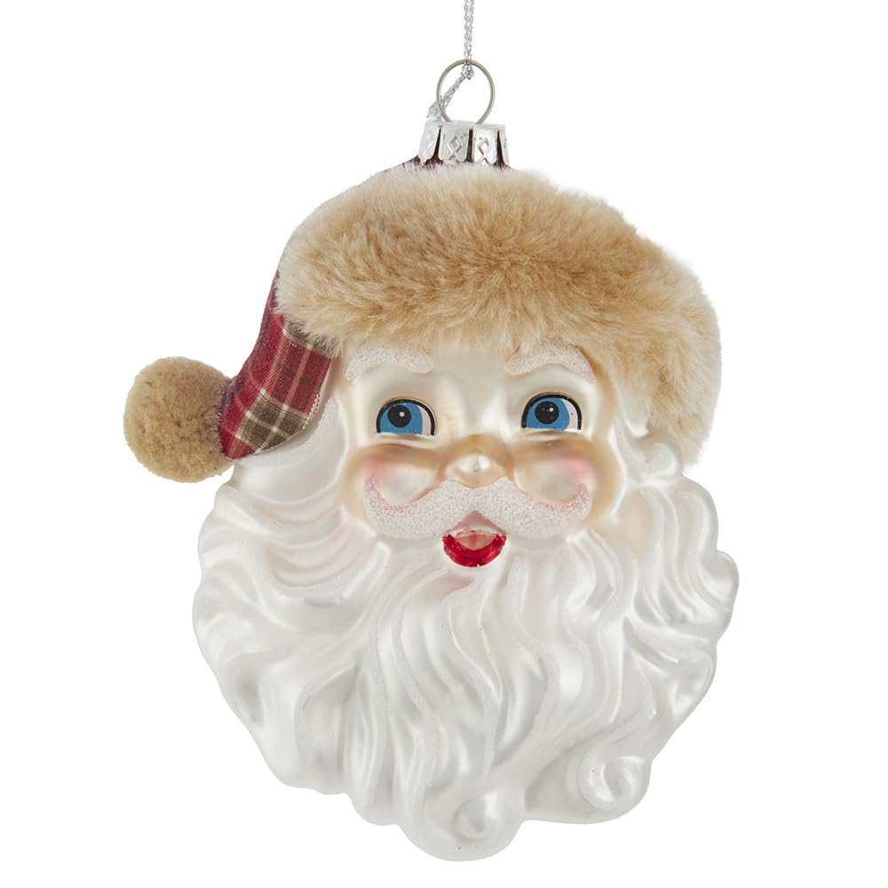 Kurt Adler Glass Santa with Plaid Santa Hat with Fur Trim Ornament
